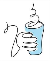 A gloved hand holds a glass of hot drink. Vector drawing in line art style. Winter cold snow season illustration.