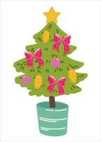 Christmas tree in a pot. Christmas tree with balls, cones and bows. Vector illustration for prints, postcards, and invitations. Happy holiday background.