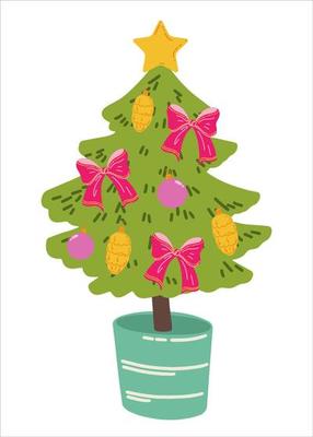Christmas tree in a pot. Christmas tree with balls, cones and bows. Vector illustration for prints, postcards, and invitations. Happy holiday background.