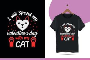 I will spend my valentine's day with my cat - Valentine's day cat silhouette and unique t-shirt design template. Illustration of a romantic greeting card with a cat, cat paw, and love. vector