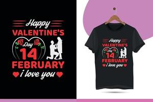 Happy valentine's day 14  February I love you - Valentine's day typography t-shirt design template. Vector illustration with rose, propose couple silhouette. Perfect design for print on the t-shirt.