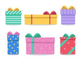 Vector set of gift boxes with ribbons. Isolated flat icons with patterns on white background. Colorful presents for design, cards, marketing projects