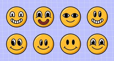 Vector groovy smile faces collection. Cartoon emoji set in 70s style on checkered violet backdrop