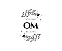 Colección de logotipos de monograma de boda con letras iniciales om, plantillas florales y minimalistas modernas dibujadas a mano para tarjetas de invitación, guardar la fecha, identidad elegante para restaurante, boutique, café en vector