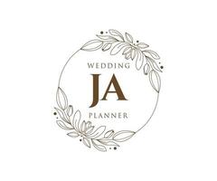 Colección de logotipos de monogramas de boda con letras iniciales ja, plantillas florales y minimalistas modernas dibujadas a mano para tarjetas de invitación, guardar la fecha, identidad elegante para restaurante, boutique, café en vector