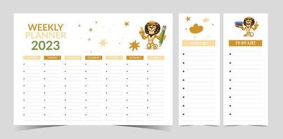 Weekly planner with wish list, to do list illustration for kid. Calendar for elementary school student vector table with cute lion, cloud, star. Kids schedule design template.