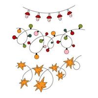 conjunto de guirnaldas navideñas con luces, champiñones, estrellas al estilo garabato vector