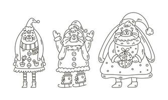 Set of cute Christmas rabbits in doodle style for coloring book page. vector