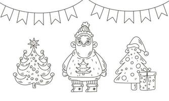 linda página para colorear de navidad con santa claus, árbol de navidad y guirnaldas en estilo garabato vector