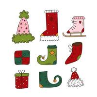 Set of doodle Christmas elements. Cute gifts, boot, elf shoe, Santa hats, ice skating boot vector