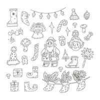 Coloring book page with Christmas cute doodle elements, Santa Claus and decoration vector
