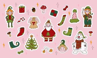 Cute doodle X-mas sticker pack. Set of Christmas characters, Santa, Snowman, Pine and decoration vector