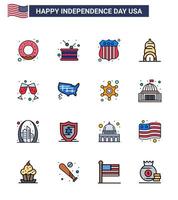 USA Happy Independence DayPictogram Set of 16 Simple Flat Filled Lines of map wine badge beer building Editable USA Day Vector Design Elements