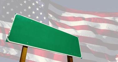4k Blank Green Road Sign Over Ghosted American Flag video