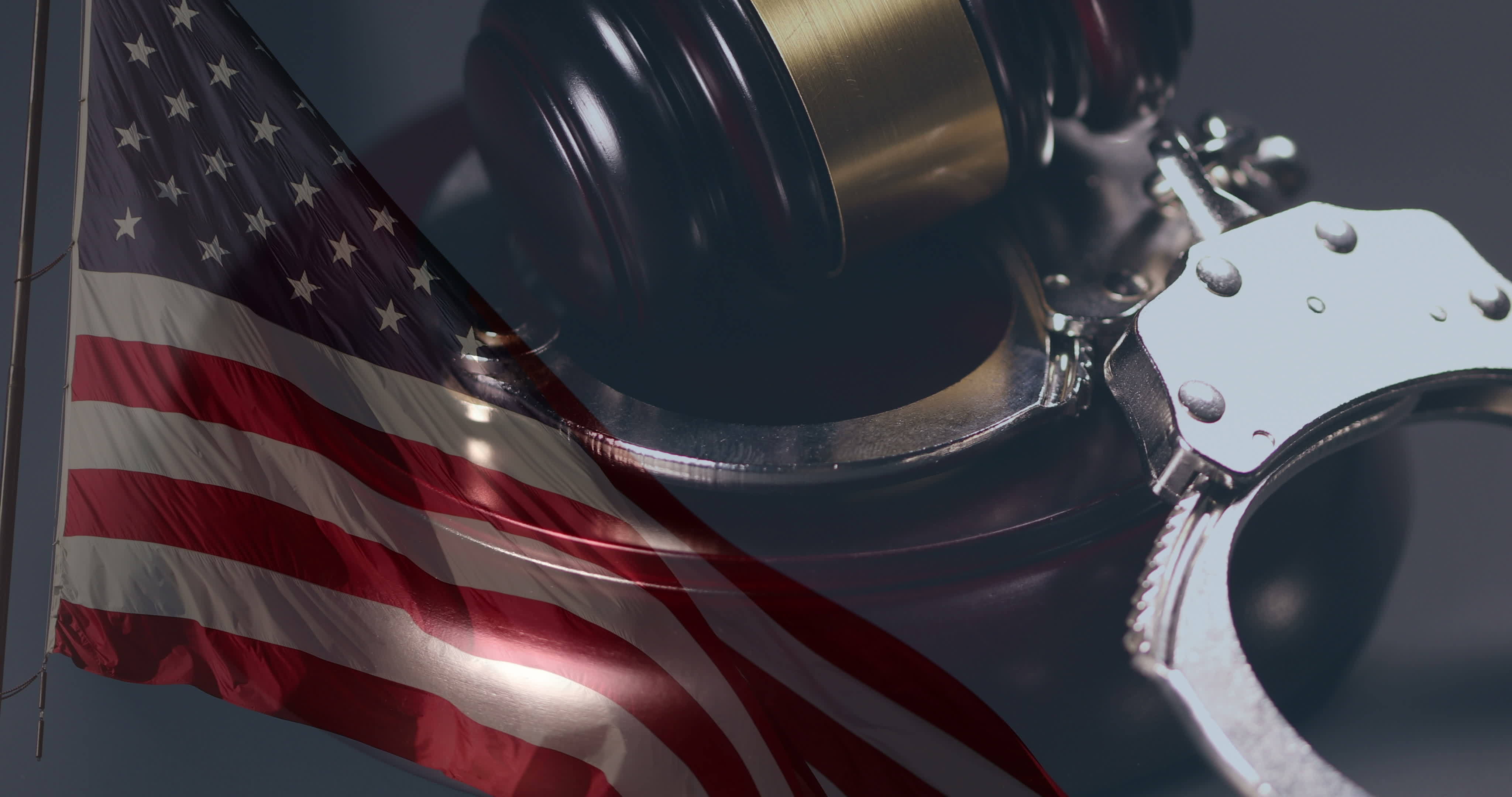 Handcuffs, Gavel Rotation Closeup and Ghosted American Flag On Dark