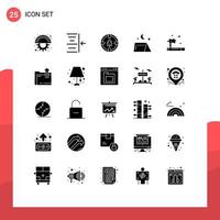 Editable Vector Line Pack of 25 Simple Solid Glyphs of pollution travel internet tent camping Editable Vector Design Elements