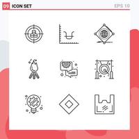 9 User Interface Outline Pack of modern Signs and Symbols of camping flame marketing fire of Editable Vector Design Elements