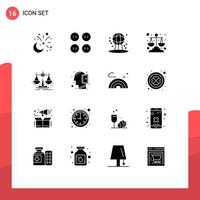 16 User Interface Solid Glyph Pack of modern Signs and Symbols of decision scales astronomy law balance Editable Vector Design Elements