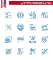 16 USA Blue Pack of Independence Day Signs and Symbols of camping wisconsin wine usa map Editable USA Day Vector Design Elements