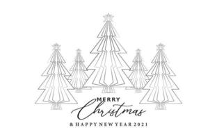 Merry Christmas and Happy new year monochrome design, Monoline Merry christmas Tree ornament, hand drawn lettering font for greeting cards, banner, flyer, screen printing with minimalist template vector
