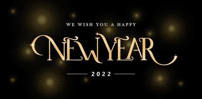 New Year fonts golden color with isolated black background, fireworks and glitter sparkle star decoration applicable for greeting cards, invitation, sign and banner. ready for print on the media paper vector
