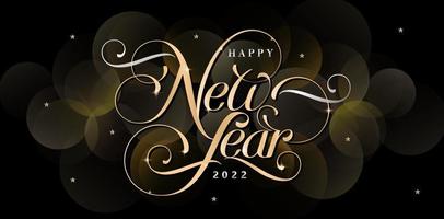 Happy New Year lettering fonts calligraphy model golden color with isolated black background, sparkle star decoration applicable for greeting cards, invitation, sign banners, poster for night party. vector
