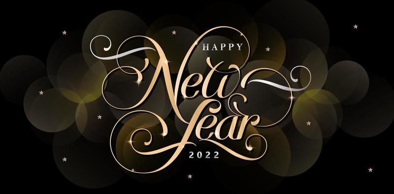 Happy New Year lettering fonts calligraphy model golden color with isolated black background, sparkle star decoration applicable for greeting cards, invitation, sign banners, poster for night party.