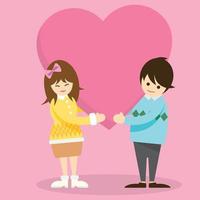 illustration of Lovers couple carrying abstract big heart as a gift together and have blank space for advertisement wording. Vector characters couple in love with big heart. Greeting card template.