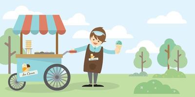 Happy man street seller dressed in an apron with ice cream and the cart at public park. Small business and fast food concept. vector