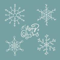 Set of white snowflakes with lettering. Creation of Christmas and New Year design. For postcard, patern or badge. Isolated background. Vector