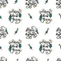 New Year's holiday. Seamless illustration with calligraphic black letters and colored elements. Textile, wrapping paper or background. Vector