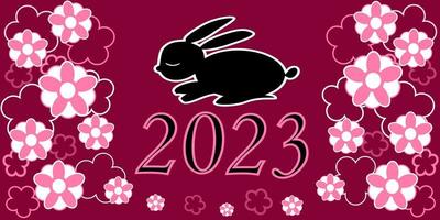 new year black rabbit 2023 gold outline raspberry background vector