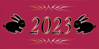 new year black rabbit 2023 gold outline raspberry background vector