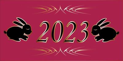 new year black rabbit 2023 gold outline raspberry background vector