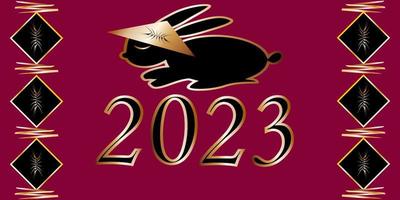 new year black rabbit 2023 gold outline raspberry background vector