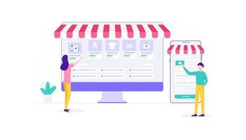 Ilustración de vector plano de compras en línea de gestión de comercio electrónico