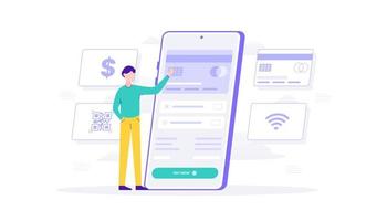 compras en línea y método de pago con teléfono inteligente. hombre, haga clic en el método de pago tarjeta de crédito. ilustración plana adecuada para interfaz de usuario, ui, ux, web, móvil, banner e infografía. vector