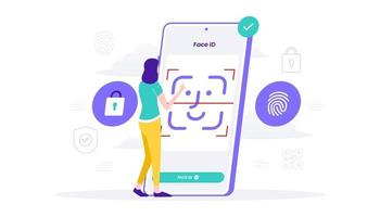 reconocimiento facial y seguridad de datos. usuarios de teléfonos móviles que obtienen acceso a los datos después de la verificación biométrica. para verificación, acceso de identificación personal, identificación, ilustración plana vectorial. vector