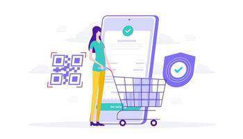 Bill payment success and secure via mobile qr code flat illustration. Woman bring trolley shopping. suitable for user interface, ui, ux, web, mobile, banner and infographic.