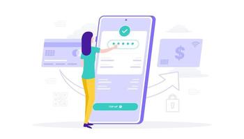 la mujer recarga el concepto de pago con tarjeta de crédito de la aplicación móvil e-wallet adecuado para la interfaz de usuario, ui, ux, web, móvil, banner e infografía. vector