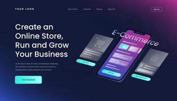 Create an Online Store, Run and Grow Your Business Landing Page Template with Gradient Background and Isometric 3d Vector Illustration glass effect