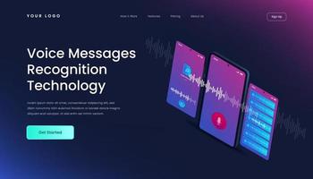Template voice messages recognition landing page. Mobile application for recording sound, dictate messages and speech. Landing page with 3d isometric illustration gradient