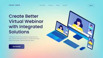 Create Better Virtual Webinar with Integrated Solutions Landing Page Template with Gradient Background and Isometric 3d Vector Illustration Mobile Desktop Web User Interface Responsive