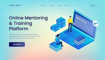 Online Mentoring and Training Platform Landing Page Template with Gradient Background and Isometric 3d Vector Illustration Desktop Web User Interface