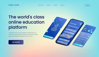 The world's class online education platform Landing Page Template with Gradient Background and Isometric 3d Vector Illustration Mobile User Interface