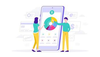 Monitoring money e-wallet on mobile app. Analyzing graphs. Flat vector illustration for finance. suitable for user interface, ui, ux, web, mobile, banner and infographic.