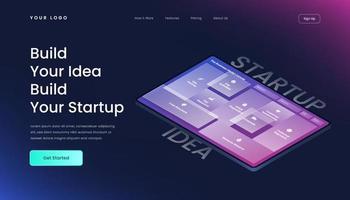Build Your Idea Build Your Startup Landing Page with gradient background and 3d isometric vector business model canvas illustration glass effect