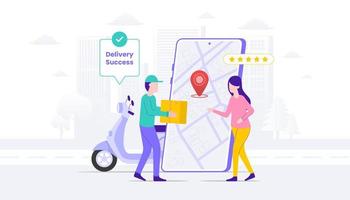 Delivery success illustration. Woman cash on delivery with courier man. Suitable for user interface, ui, ux, web, mobile, banner and infographic. vector