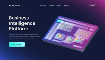 Business Intelligence Platform Landing Page Template with Gradient Background and Isometric 3d Vector Illustration glass effect