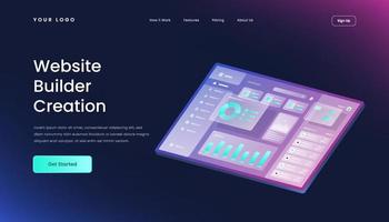 Website builder gradient 3d isometric vector illustration landing page template glass effect